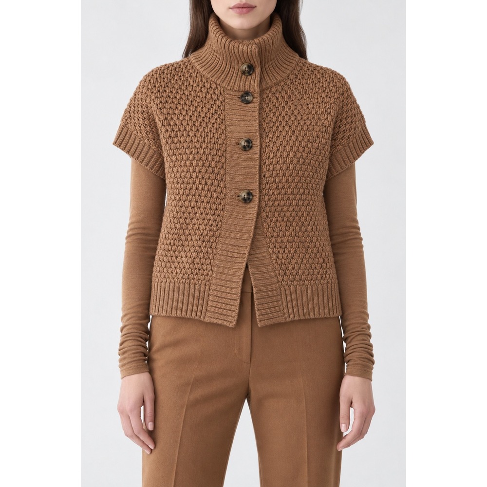 Wool Alpaca Short Sleeve Knit Cardigan Brown Medium M
